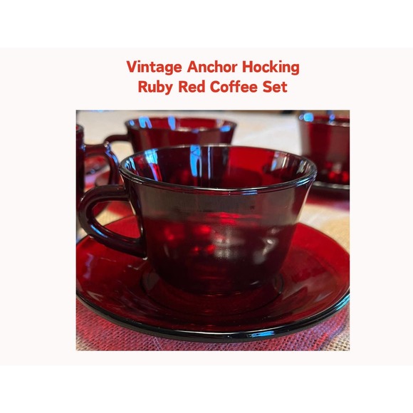 Ruby Red 14-Piece Coffee Set Anchor Hocking Cups Saucers Creamer Open Sugar Bowl - Picture 1 of 10